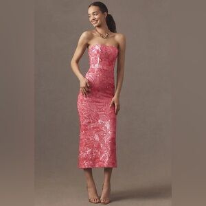 Strapless Pink Brocade Midi Dress